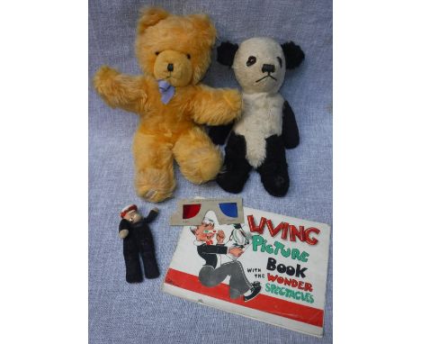 POPEYE: A VINTAGE EARLY 20TH CENTURY DOLL, with ceramic head and velvet body, a 1940s plush panda, a later plush bear and a 1