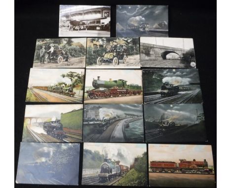 A COLLECTION OF EARLY 20TH CENTURY POSTCARDS OF TRANSPORT to include Steam Trains, 'Caledonian Express', and 'Great Western E