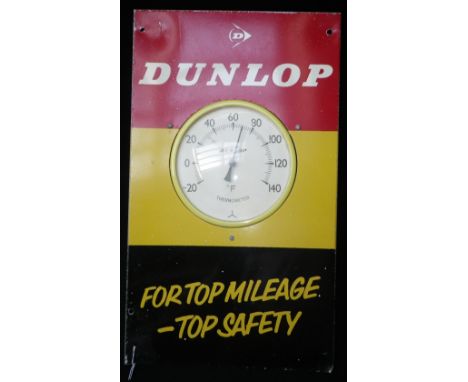 A VINTAGE LATE 1950S EARLY 1960S 'DUNLOP' THERMOMETER from a garage, inscribed 'FOR TOP MILEAGE SAFETY' The sign is painted a