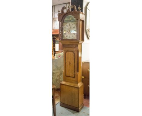 LONGCASE CLOCK, late Georgian oak, mahogany, boxwood strung and brass mounted with painted face inscribed F. Allkins Horncast