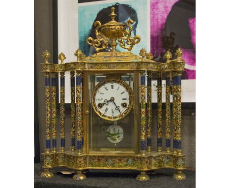 ARCHITECTURAL MANTEL CLOCK, cloisonné inlaid gilt metal of pagoda form, wire gong striking movement, 48cm H x 41cm overall.