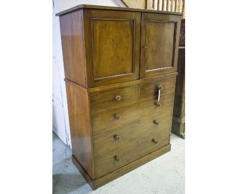 HOLLAND AND SONS LINEN CHEST, 19th century mahogany with two panelled doors enclosing adjustable shelf above two short and th