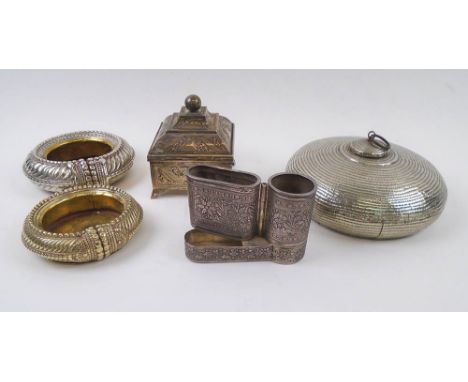 PERSIAN MANNER CALLIGRAPHY STAND, stamped 800 standard, 13cm L x 8cm H; 2 Bedouin anklets converted to dishes; a silver clad 