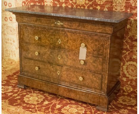 COMMODE, 19th century French Louis Philippe burr walnut with five long drawers and St Anne's grey variegated marble top, 128c
