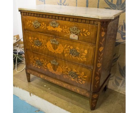 DUTCH COMMODE, late 18th century, mahogany and satinwood marquetry inlay, with three graduated drawers, canted corners and sq