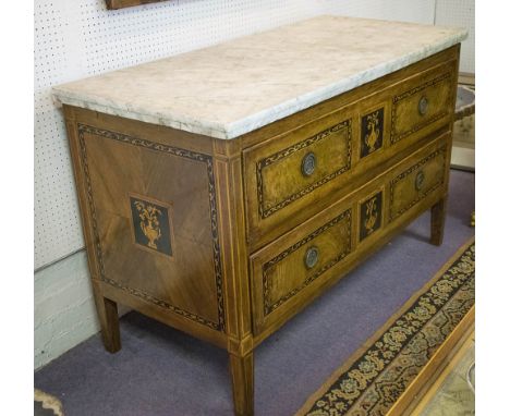COMMODE, 18th century North Italian walnut and ebony panel inset with two long drawers conforming sides and white marble top,