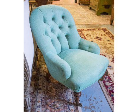NURSING CHAIR, Victorian walnut with green cotton button upholstery.