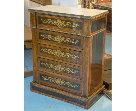 HALL COMMODE, 19th century French walnut, ebony and satinwood marquetry and gilt metal mounted, with five long inlaid drawers