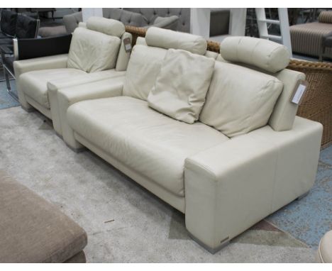 SOFA, two seater, in cream leather, Nicoletti style Flamenco on square supports, 171cm L plus matching armchair, 109cm W. (2)