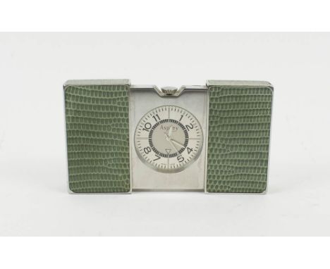 ASPREY 'CLIC CLAC' TRAVEL CLOCK, green lizard clad stainless steel, 9cm W (open) x 5cm H x 1.5cm D.