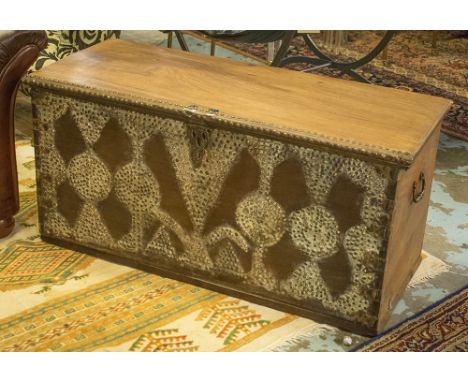 ZANZIBAR TRUNK, vintage hardwood and brass bound with rising lid, candle box, secret drawer and studded decoration, 104cm x 4