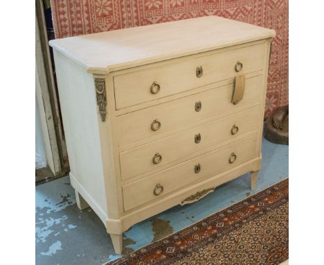 COMMODE, 19th century French, Napoleon III, traditionally grey painted with four long drawers, 91cm H x 97cm W x 50cm D.