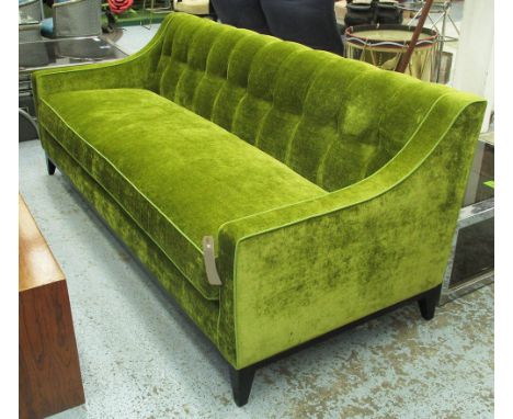 SOFA LIGHT GREEN, two seater , buttoned fabric on ebonised square supports, 210cm L x 82cm H x 90cm D, seat 49cm H (very slig