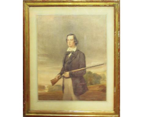 EARLY 19TH CENTURY SCHOOL 'Portrait of a young man with gun', crayon, 52cm x 44cm, framed and glazed.