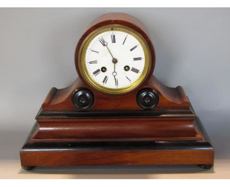 Regency style walnut and ebonised twin train drum head mantel clock, with two train enamel dial fitted with Roman numerals up