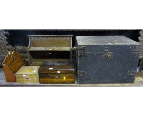 A 19th century coromandel writing box/slope with partially fitted interior, oak stationery rack, further writing box, small o