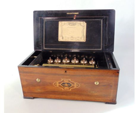 A good quality French 19th century rosewood and boxwood inlaid music box, the hinged lid decorated with a floral bouquet, enc