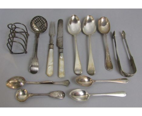 Mixed collection of silver to include various silver spoons, sugar nips, lancet toast rack, 10 oz approx; together with furth