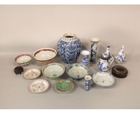 A collection of mainly 19th century oriental ceramics including two bottle shaped vases, both with dragon and flaming pearl d