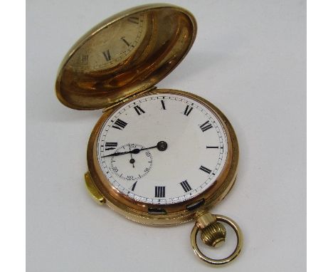 Good 9ct full hunter pocket watch, the enamel dial with Roman numerals and subsidiary second dial, the repeater striking on a