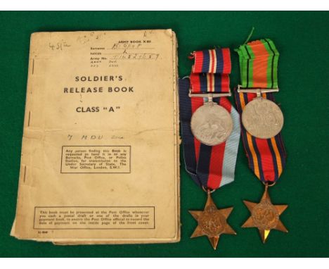 39-45 and Defence medal, 39-45 and Burma Star medal and  soldiers release book - driver T/14527659 L R Bishop