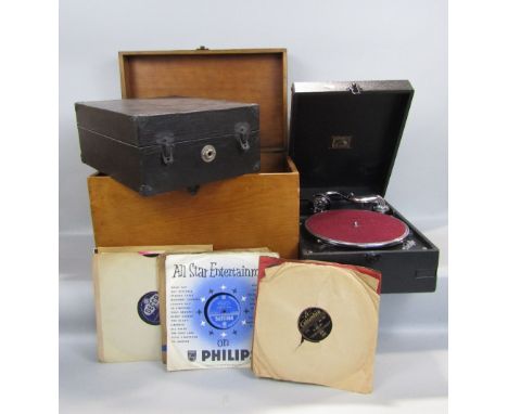 Two portable record players to include His Masters Voice and Decca Crescendo, together with a collection of records