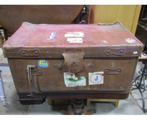 A good quality heavy gauge vintage tan leather travelling trunk with label to interior J Andrews trunk bag and portmanteau ma