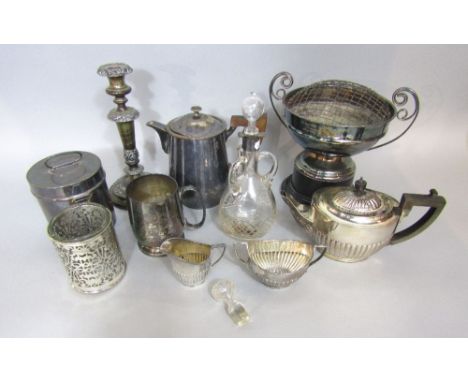 A mixed collection of silver plate to include teawares, a tiffin type canister, a twin handled trophy, various flatware; toge