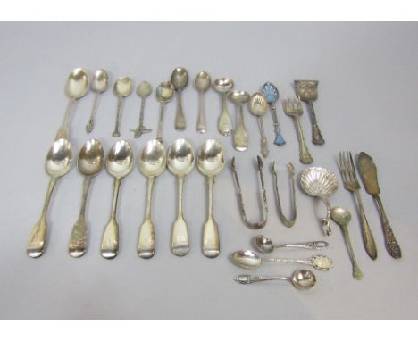 A collection of various decorative and other silver tea and novelty spoons to include enamel example, apostle spoons, sugar s