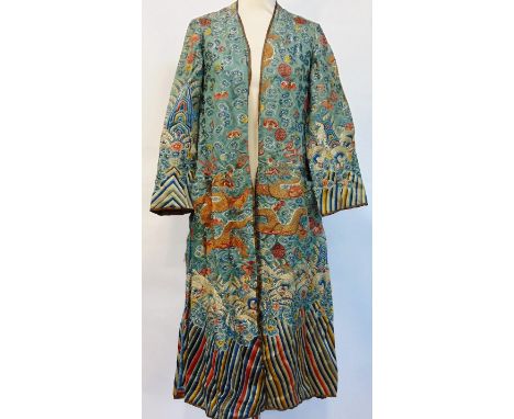 Chinese Qing Dynasty silk robe ( recut) with blue ground, late 19th/ early 20th Century. Centre back shows an embroidered gol