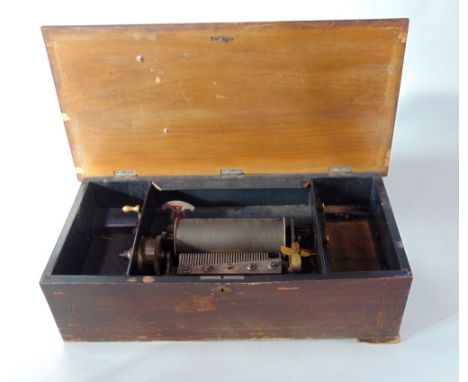 Large 19th century rosewood music box in need of restoration, the hinged lid enclosing a think barrel and small comb, with fu