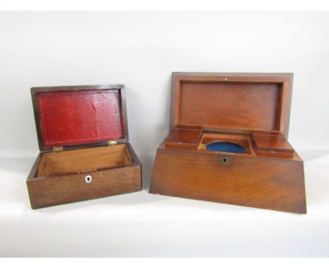 19th century mahogany sarcophagus tea caddy, the hinged lid enclosing and interior fitted with two further wooden compartment