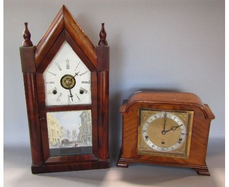 Art deco style walnut three train Elliot Westminster chime mantel clock, 29cm wide, key; together with a further American dro