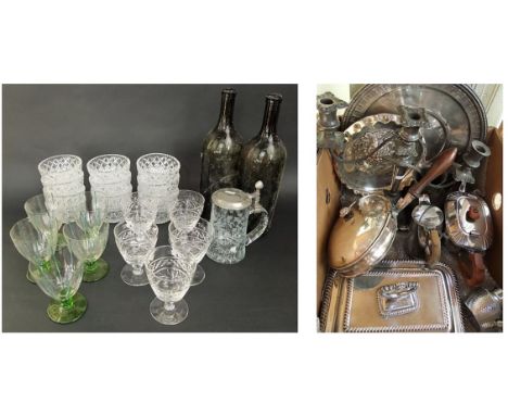 Mixed collection of glassware and silver plate to include cut glass finger bowl, sundae glasses, antique wine bottles, etc, t