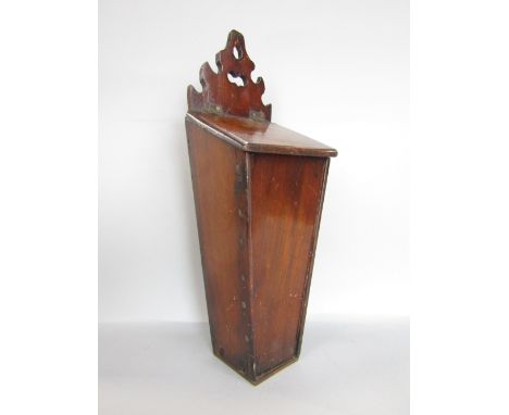19th century mahogany and oak wall hanging candle box, with raised pierced bracket, 46cm high