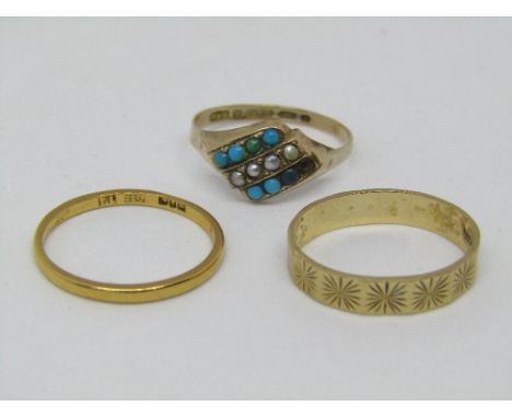 Three gold rings; a 22ct wedding ring together with a 9ct turquoise and pearl example (af) and a further 9ct star cut wedding