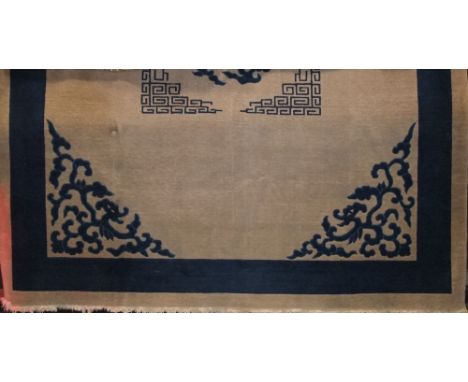 Chinese thick weave wool carpet, centrally decorated with a blue medallion upon a green ground, 320 x 250cm