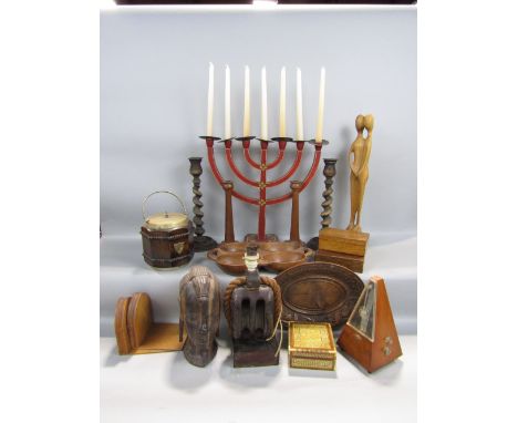 Collection of interesting treen items to include a carved African padauk wood head, various candlesticks and candelabra, tray