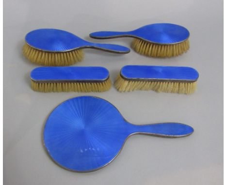 1920s silver five piece silver and guilloche enamel dressing set comprising four brushes and a mirror (5)