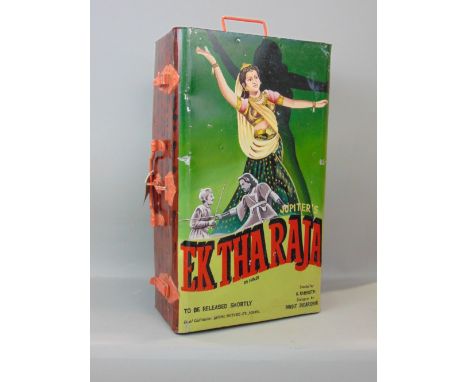 Interesting Bollywood painted Indian tin trunk decorated with a female dancer and two men having a sword dual, 50 cm long