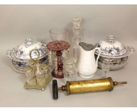 A collection of 19th century Davenport dinner wares comprising two covered tureens and eleven plates, together with an etched