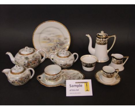 A collection of Japanese eggshell porcelain teawares with painted female character and garden detail comprising six cups with