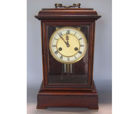 Early 20th century mahogany shelf clock, with caddy type case, twin train dial with enamel chapter ring, 35cm high, pendulum 