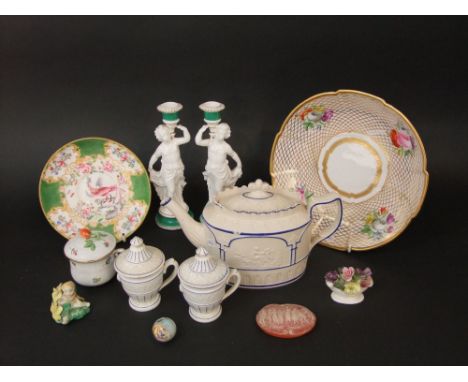 A collection of 19th ceramics and other including a Herend chocolate pot and cover with painted floral sprigs and fruit knop,