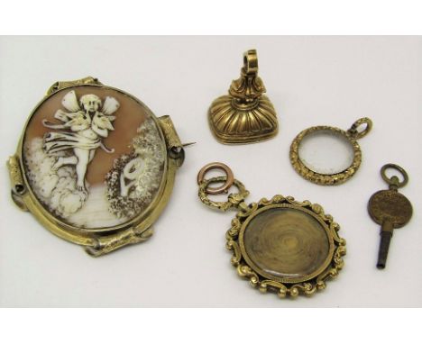 Mixed group of yellow metal items to include a cameo brooch depicting Cupid in a garden holding two doves - inscribed 'Lamant