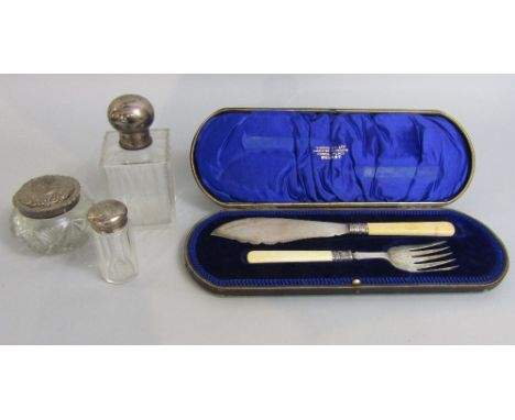 A mixed collection of silver to include a continental white metal topped faceted square decanter; together with further silve