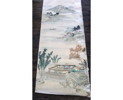 A Chinese scroll of wall paper with hand painted decoration of characters, waterscapes and buildings, 3m x 1m