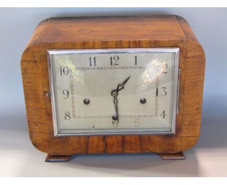 Art deco three train Enfield of London musical mantel clock, 30cm wide, key and pendulum