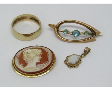 A mixed gold lot comprising a cameo brooch in 14k mount, together with three 9ct items comprising a wedding ring - size S, a 