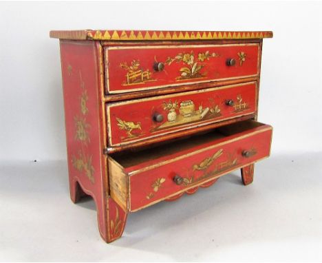 Apprentice Furniture - Chinoiserie red lacquered apprentice chest of drawers, the top decorated in relief with two figures in
